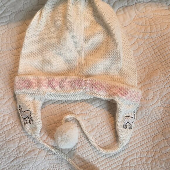 Toddler Alpaca Chuyo Hats โ Embroidered with Pompoms โ Pink & White โ Perfect fo - Picture 7 of 8